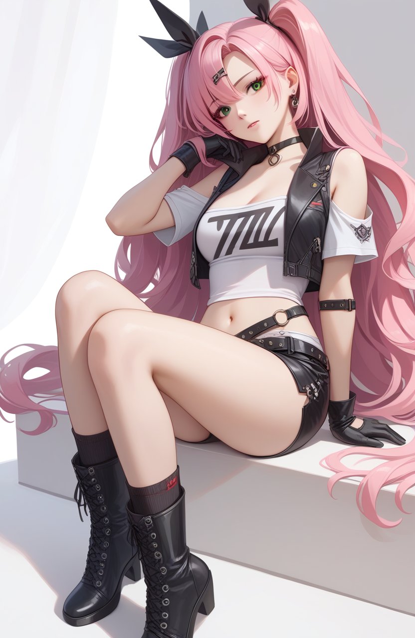 Nicole,girl,long pink hair,green eyes,black ears,black and white outfit,black gloves,black pants,black belt,black straps,white shirt with black writing,black jacket,black boots,black socks and white,black choker,purple outfit,black vest and white bra,black and white socks,<lora:妮可pony:1>,, (score_9,score_8_up,score_7_up),(masterpiece,best quality,high quality:1.2),absurdres, prefect lighting, very aesthetic, anime BREAK