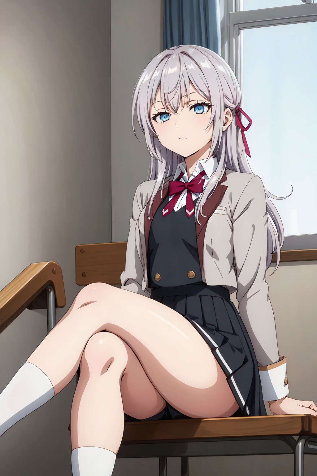 AlisaMikhailovnaKujou, 4k, absurd, high resolution, very high resolution, high definition, masterpiece, 1 girl, long hair, blue eyes, duct tape, hair ribbon, gray hair, perfect eyes, perfect face, school uniform, skirt, black skirt, white socks, sitting, crossed legs<lora:EMS-391416-EMS:0.700000>