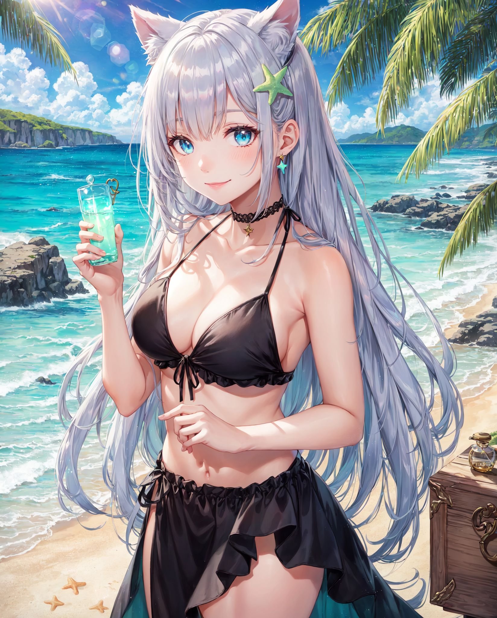 ((8K, masterpiece:1.2, best quality)), 1girl, solo, (white long hair), swept back hair, blue sky, books, notebooks, ultra detailed moss green eyes, ultra detailed background, smile, ((scenery)), ((lens flare)), 1 little girl cat ears silver long hair red eyes black folded long dress, many [bottles:sphere:0.2], golden light, mana light, star trail, colorful, ((beach scenery)), ray light,smile:1.2, (bikini), bikini ornament, many crystals in wooden chest, golden light,[crystal:daylight:0. 5], botanical ornaments, botanical books, potion in glass bottle, (bioluminescence:1.2), vibrant color, bright pupils, (realistic shades)