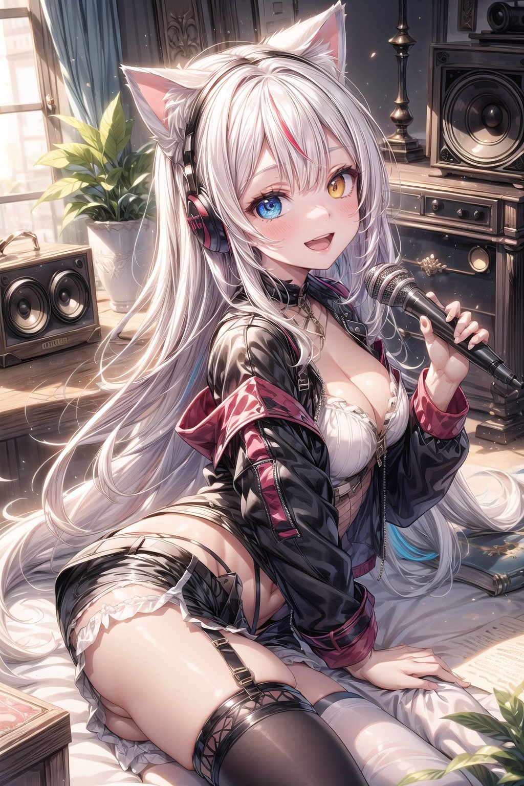 1girl, solo, long hair, breasts, looking at viewer, blush, smile, open mouth, bangs, blue eyes, shirt, thighhighs, long sleeves, dress, holding, animal ears, cleavage, very long hair, jacket, yellow eyes, ass, white hair, :d, thighs, multicolored hair, frills, shorts, striped, black thighhighs, indoors, cat ears, streaked hair, black jacket, animal ear fluff, book, black panties, short shorts, thigh strap, headphones, heterochromia, leaf, garter straps, on side, black shorts, bottle, plant, single thighhigh, fishnets, microphone, asymmetrical legwear, cropped jacket, brown thighhighs, mismatched legwear, holding microphone, fishnet thighhighs, speaker, phonograph<lora:EMS-980-EMS:0.400000>, <lora:EMS-91280-EMS:1.000000>, <lora:EMS-279042-EMS:0.500000>