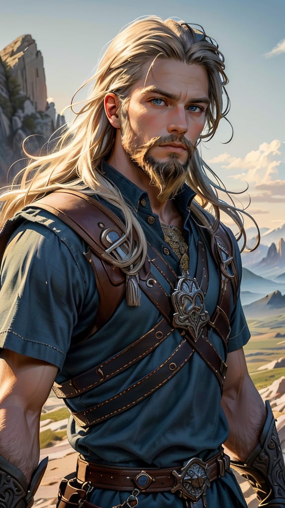 (best quality, masterpiece, colorful, highest detailed) upper body photo, Viking man, bearded, embodying bravery and resilience in a rugged landscape, (intricate details), (dynamic angle)