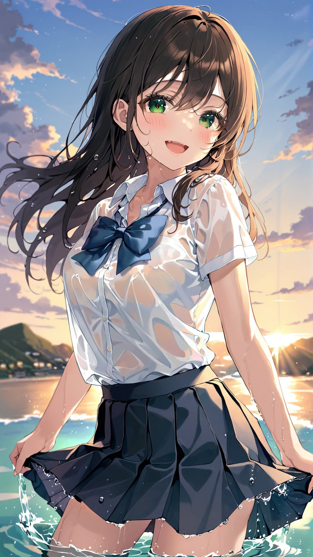 artist(roha), roha, , 1girl, wet clothes, solo, wet, wringing clothes, skirt, shirt, see-through, long hair, sky, open mouth, smile, wading, blush, white shirt, green eyes, underwear, bow, water, short sleeves, bra, wet shirt, school uniform, black skirt, looking at viewer, outdoors, sunset, pleated skirt, cloud, :d, bangs, bowtie, bra visible through clothes, blue bra, standing, brown hair, collared shirt, hair between eyes, blue bow, black hair, ocean, breasts, dress shirt