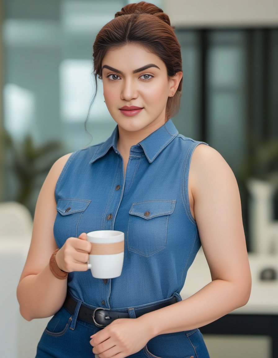 HoneyRose,<lora:HoneyRoseSDXL:1> A photorealistic image of a woman in a stylish denim ensemble. She wears a sleeveless, form-fitting blue denim top, tucked into high-waisted jeans, cinched at the waist to emphasize her silhouette. The woman is holding a white coffee cup in her right hand, her left adorned with a wide brown leather bracelet, coiling multiple times around her wrist. She's also holding a delicately folded white cloth or napkin. Her hair is styled in a neat, low ponytail, and she sports a natural makeup look featuring defined brows and a subtle lip color. The background has a soft, textured gradient of blue and beige, complementing her attire and adding depth to the composition.