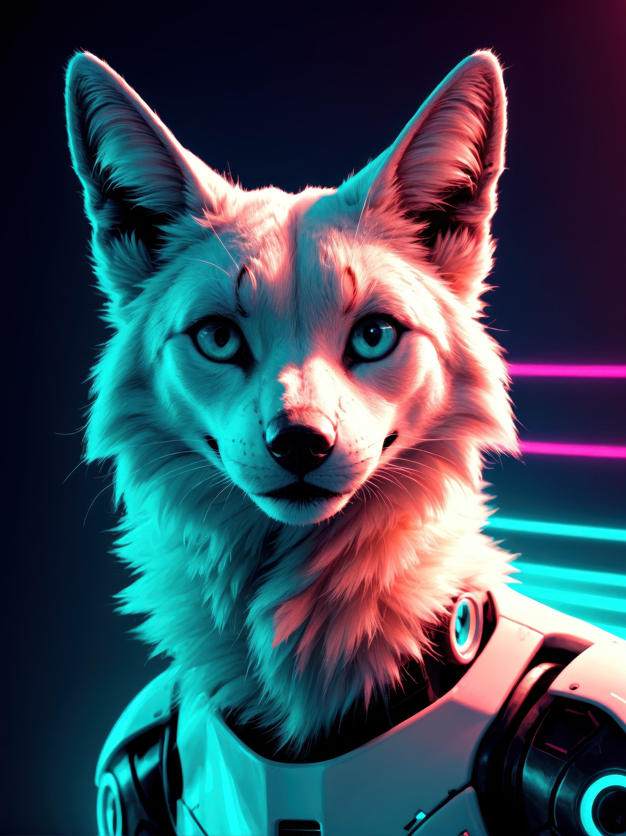 score_9, score_8_up, score_7_updigital neon green and white fox, retrowave palette, digital world, highly detailed, electric breeze, anatomically correct vulpine, synth feel, fluffy face, ear floof, flowing fur, super realism, accurate animal imagery, 4 k digital art