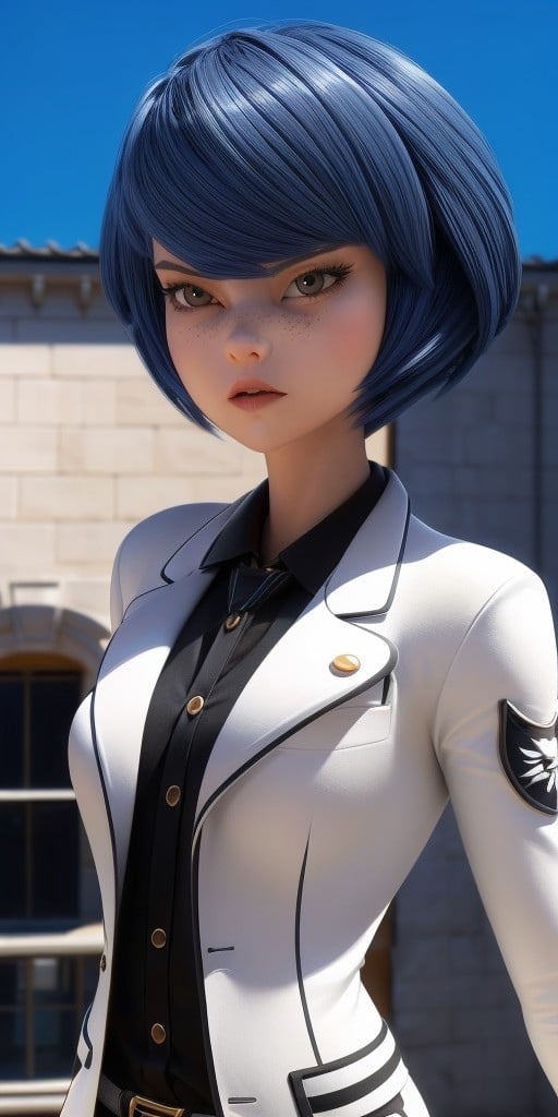 Hyperrealistic, photorealistic, super detailed, white long-sleeved blazer that has black outlines around the collar, expressive sharp slanted moderate vermilion eyes, thick straight black hair with blue reflections bangs swept to the left in a face-framing bob that levels with her chin with dark blue tints, lighter dusting of light-brown freckles, body like in real life, large pores, fair skin, slender, beautiful arms, (very little very flat breasts), unreal engine, octane render, droped shadow, bokeh, cinematic lighting, <lora:add_detail:0.5>, <lora:Volumetric_lighting:0.6>, Kagami Tsurugi,, <lora:dc2cca4f-0ca7-4e9e-8f19-795820b7cd3f:0.7>