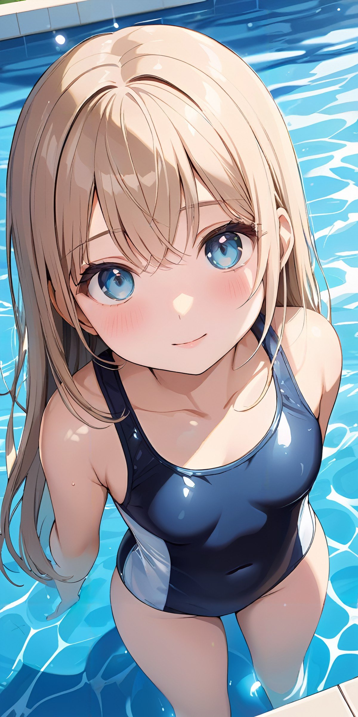 masterpiece,ultra-detailed,best quality,8K,illustration,cute face,clean skin ,shiny hair,girl,ultra-detailed-eyes, <lora:add-detail-xl:1>,school swimsuit,pool