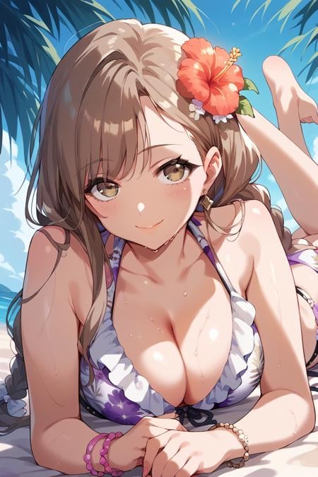 score_9, score_8_up, score_7_up, score_6_up, 1girl,<lora:Tendo_HayateV2:0.9> hayate, long hair, brown hair, swimsuit, breasts, cleavage, solo, bikini, braid, jewelry, brown hair, floral print, flower, bracelet, looking at viewer, smile, on stomach, sweaty,