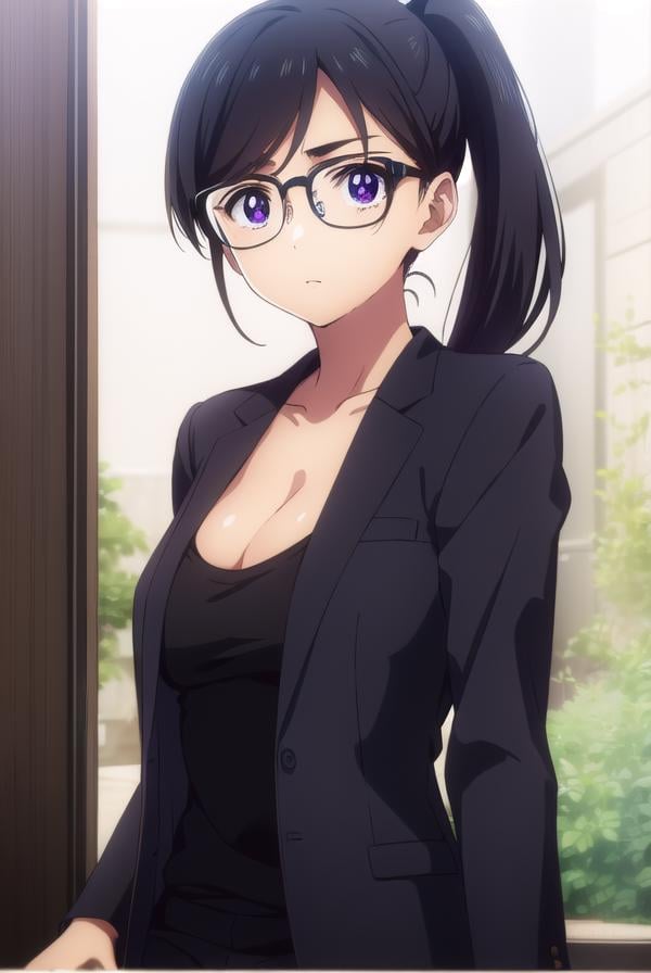 hizuruminakata, <lora:hizuru minakata s1-lora-nochekaiser:1>,hizuru minakata, long hair, black hair, glasses, (purple eyes:1.1), black-framed eyewear,BREAK ponytail, shirt, gloves, cleavage, collarbone, jacket, black gloves, pants, black jacket, black shirt, black pants, formal, suit,BREAK outdoors,BREAK looking at viewer,BREAK <lyco:GoodHands-beta2:1>, (masterpiece:1.2), best quality, high resolution, unity 8k wallpaper, (illustration:0.8), (beautiful detailed eyes:1.6), extremely detailed face, perfect lighting, extremely detailed CG, (perfect hands, perfect anatomy),