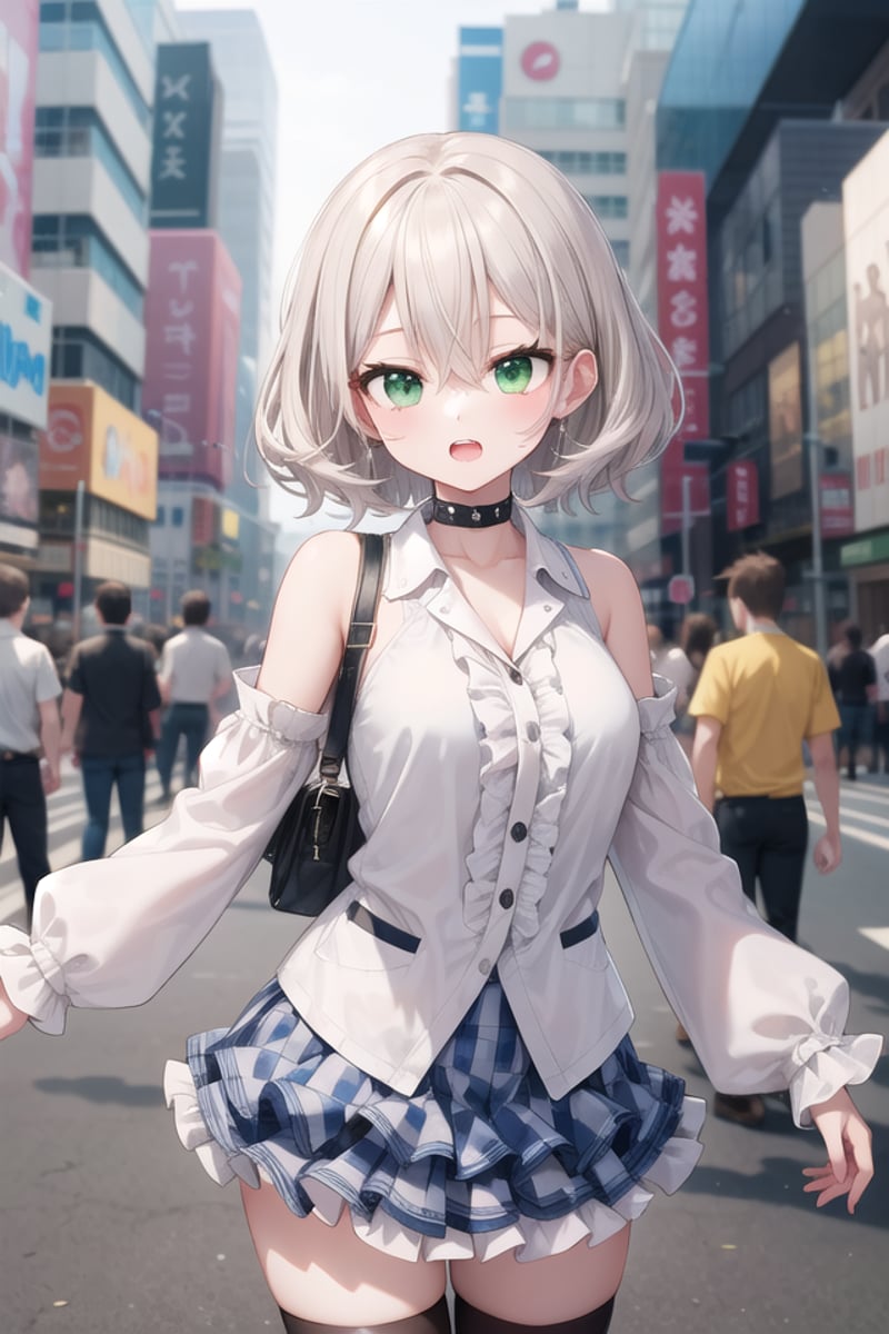 <lora:talkmouth_O_type1_v200:1>insanely detailed, absurdres, ultra-highres, ultra-detailed, best quality,1girl, solo, nice hands, perfect handsBREAK(a checkered clothes:2.0), (a checkered idol clothes:1.6), (short frill sleeve:1.3), (layered skirt,multilayer-skirt:1.6), (white thigh-high socks:1.4), (white choker,white glove with frill:1.3)BREAK(nsfw:-1.5)BREAKsmile, open mouthBREAKfrom below,standing, cowboy shot, looking at viewerBREAKslender, kawaii, perfect symmetrical face, ultra cute girl, ultra cute face, ultra detailed eyes, ultra detailed hair, ultra cute, ultra beautifulBREAKin street, cityscape in akihabara, depth of field, ultra detailed backgroundBREAKmedium large breastsBREAKgrey hair, green eyes, messy hair, hair between eyes