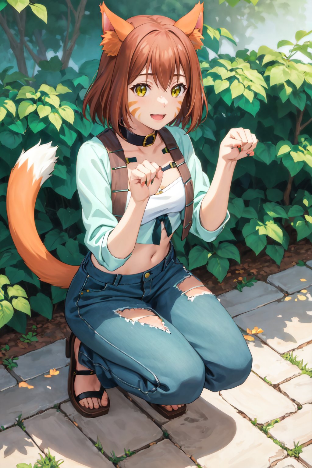 masterpiece, best quality, <lora:miyacatt-nvwls-v1-000010:0.8> 1girl, solo, miya, cat ears, whisker markings, collar, white bandeau, midriff, cleavage, cropped jacket, green pants, squatting, from above, flowers, grass, smile, (paw pose:1.1), looking at viewer, tail