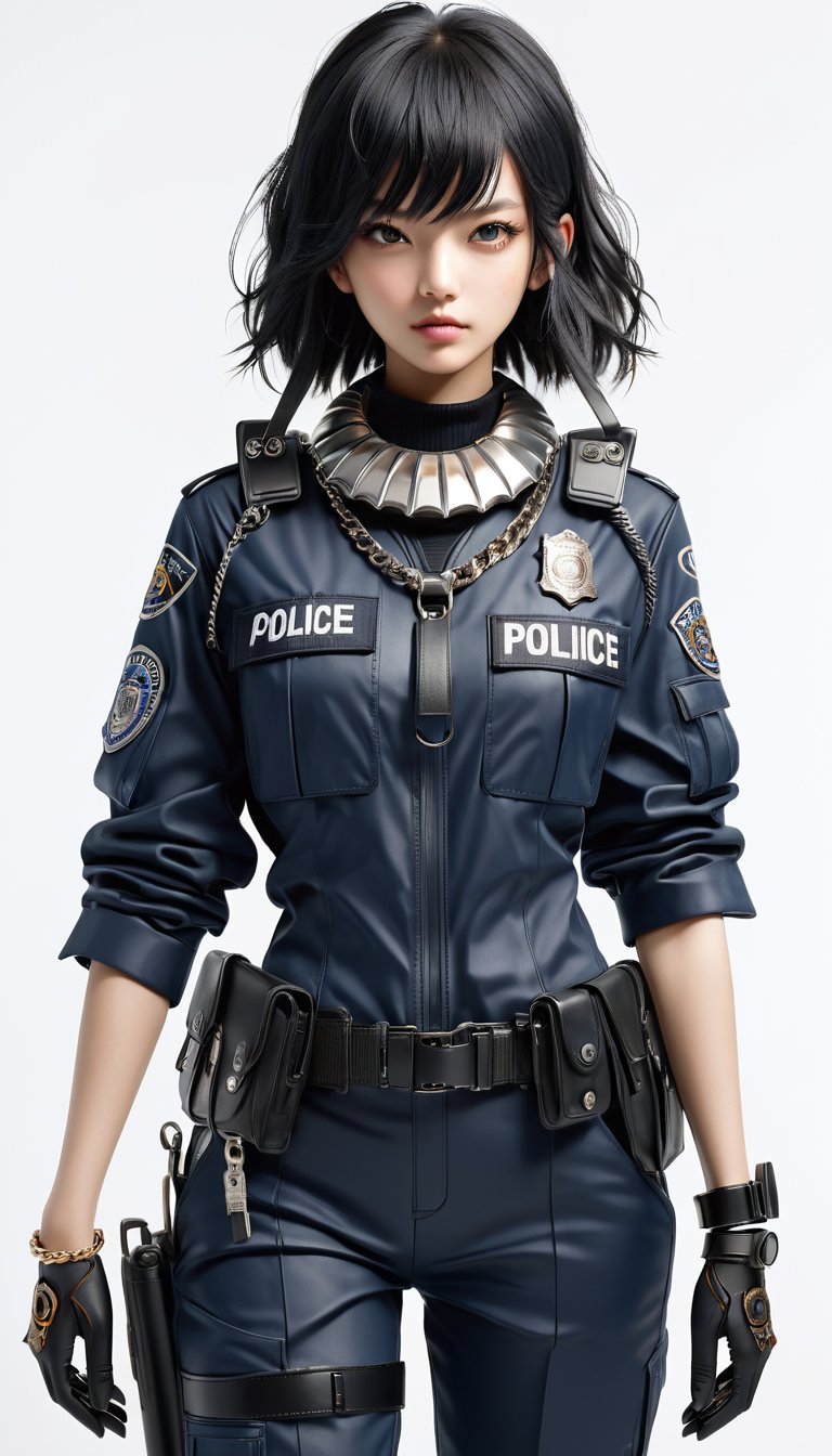 1 young cool girl, solo,look at the camera,wear police suit,extremely detailed CG unity 8k wallpaper,illustration,lens 135mm,masterpiece,(bracelet:1.3),(metal collar:1.3),white background,masterpiece,bestquality,masterpiece,best eyes,Standing, black quality,black_hair, masterpiece,best quality,dark persona,masterpiece,best quality,