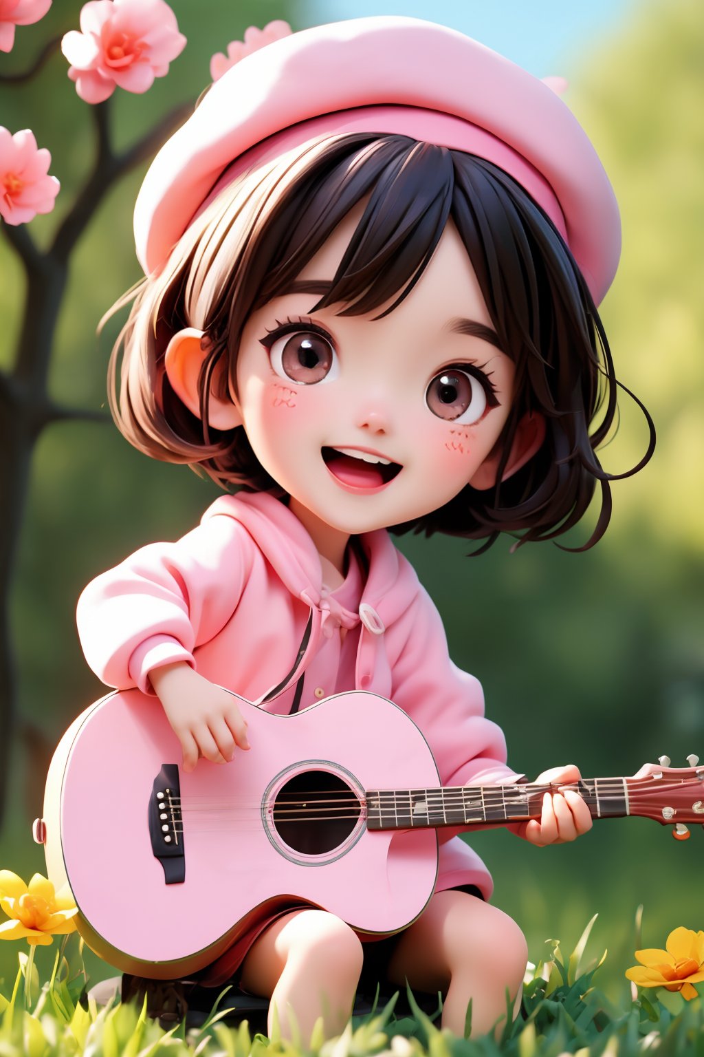 1girl, full body, cute, smile, open mouth, flower, outdoors, playingguitar, music, beret, holding guitar, jacket, blush, tree, shirt, short hair, pink headwear, black long hair, blush stickers, long sleeves, pink flower,beautiful detailed face, beautiful detailed eyes,