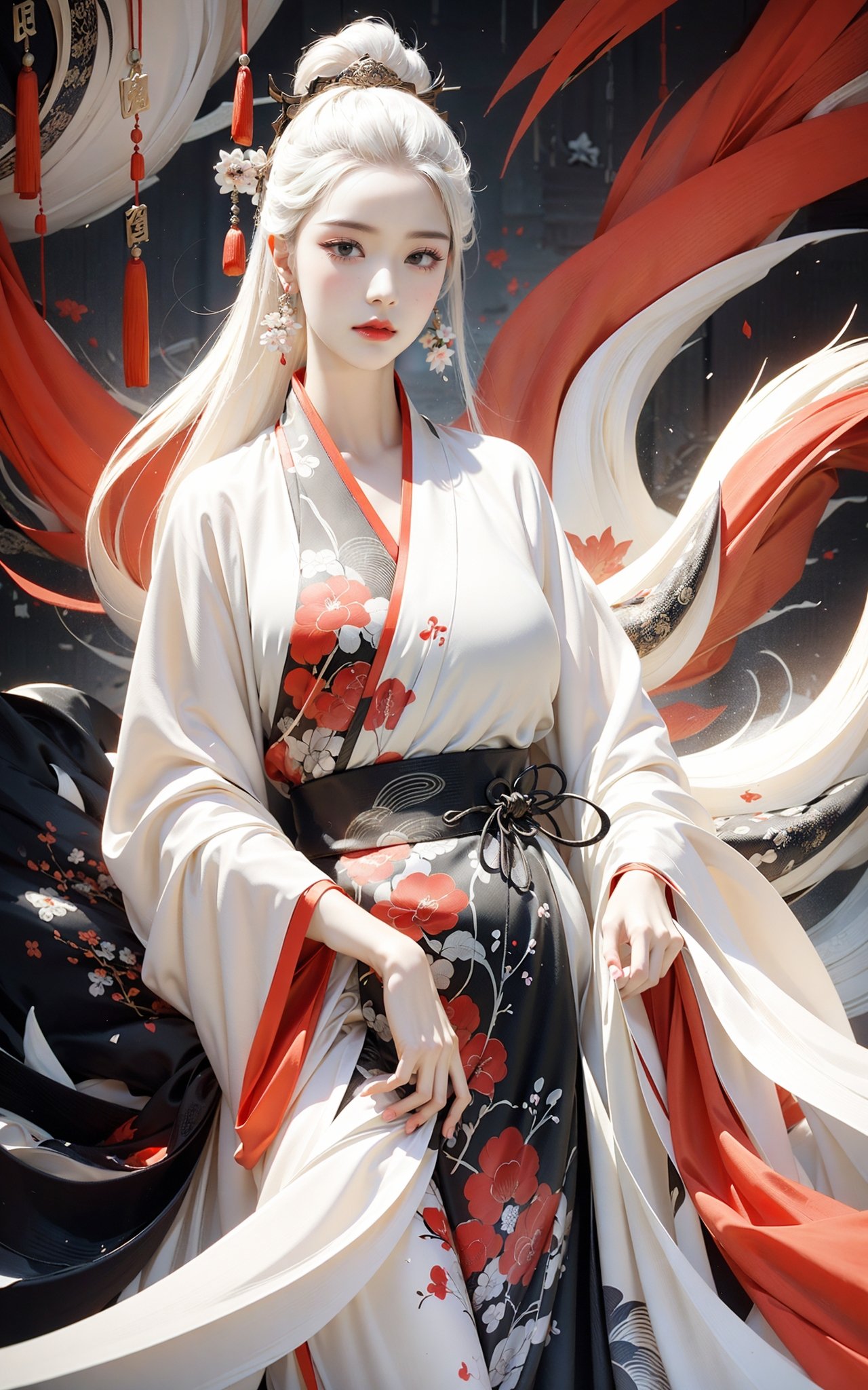 Ink painting, ink painting, splash-ink, ink splash, calligraphy, Chinese characters, Chinese character background，Red crowned crane，1girl，White hair, Hanfu,<lora:绪儿-鹤 Red crowned crane:0.8>