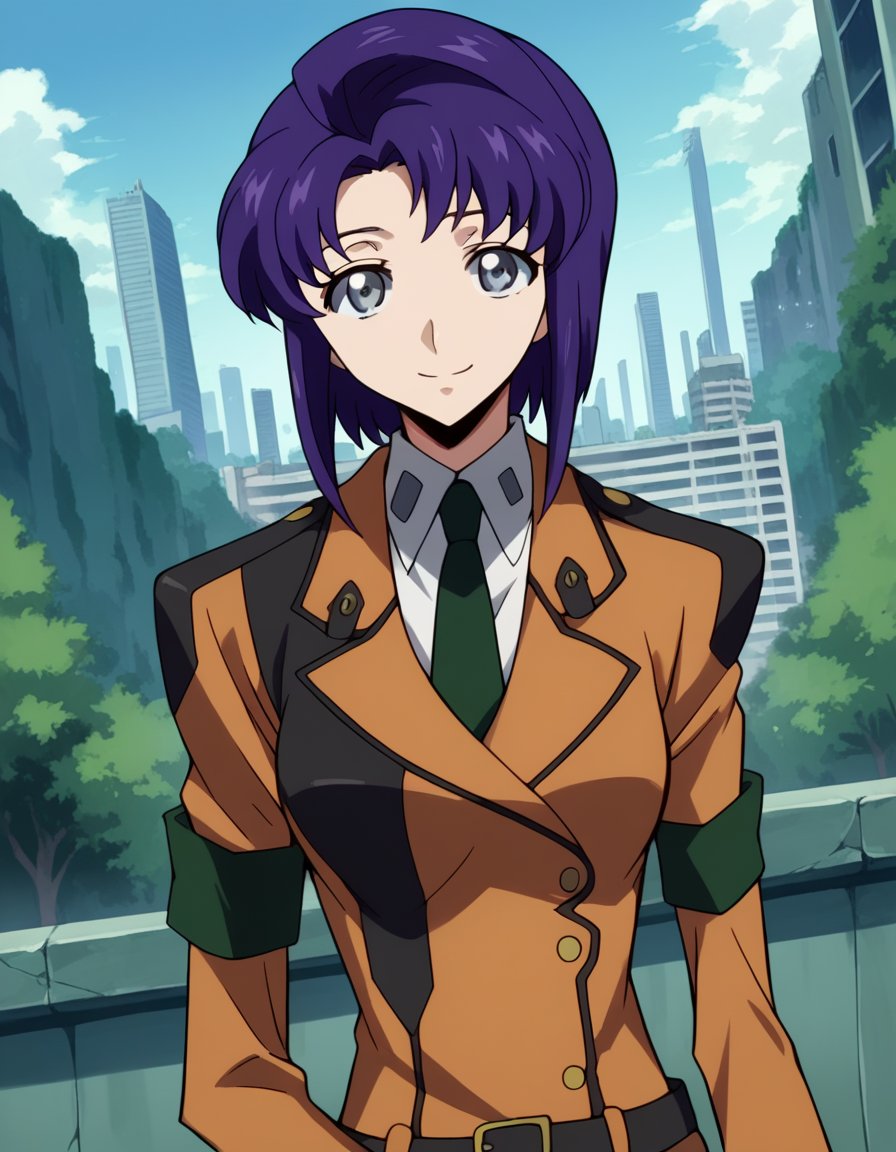 score_9, score_8_up, score_7_up, source_anime,cecilecroomy, <lora:cecile-croomy-s1-ponyxl-lora-nochekaiser:1>,cecile croomy, short hair, grey eyes, purple hair,necktie, belt, uniform, military, military uniform,outdoors, cityscape, smile,looking at viewer, dutch angle, cowboy shot, solo,