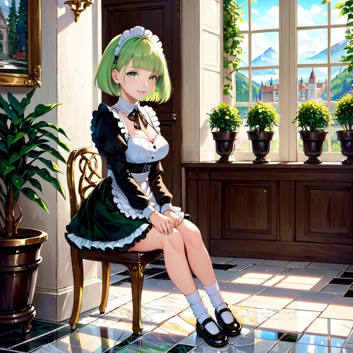 (masterpiece, best quality, highest quality, raytracing, HDR, realistic:1.4)BREAK maid outfit, short skirt with lace hemline, Mary Janes, ruffled socks, marble floor, potted plants, chandeliers, window, door, gold furnitureBREAK light green hair, green eyes, bob cut with blunt bangsBREAK (from side, seated, full body:1.2) <lora:STFD_V2:0.7>