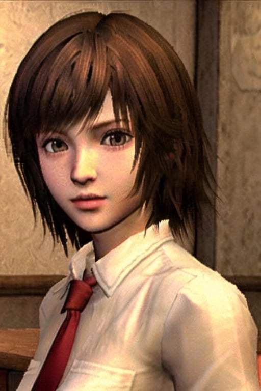 masterpiece, best quality, 1girl, ps2 style, medium hair, brown hair, wearing school uniform  <lora:PS2 Style:0.7>