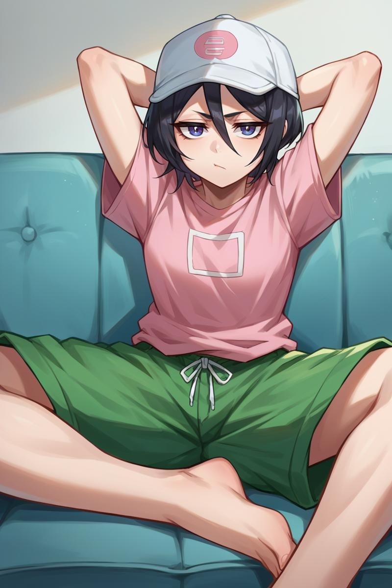 score_9, score_8_up, score_7_up, score_6_up, source_anime BREAK 1girl, solo,  <lora:rukia-pdxl-nvwls-v1-000006:1> defrka, black hair, short hair, pink t-shirt, green shorts, baseball cap, bored, sitting, couch, arms behind head, looking at you