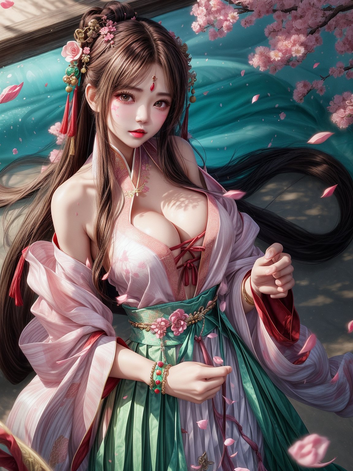 1girl,brown hair,hair ornament,upper body,solo,long hair,petals,breasts,facial mark,bare shoulders,jewelry,bracelet,large breasts,looking at viewer,cleavage,brown eyes,holding,chinese clothes,hanfu,pink short shan,gradient green pleated skirt,pink songmo,<lora:hanfuSong_v35:0.2>,