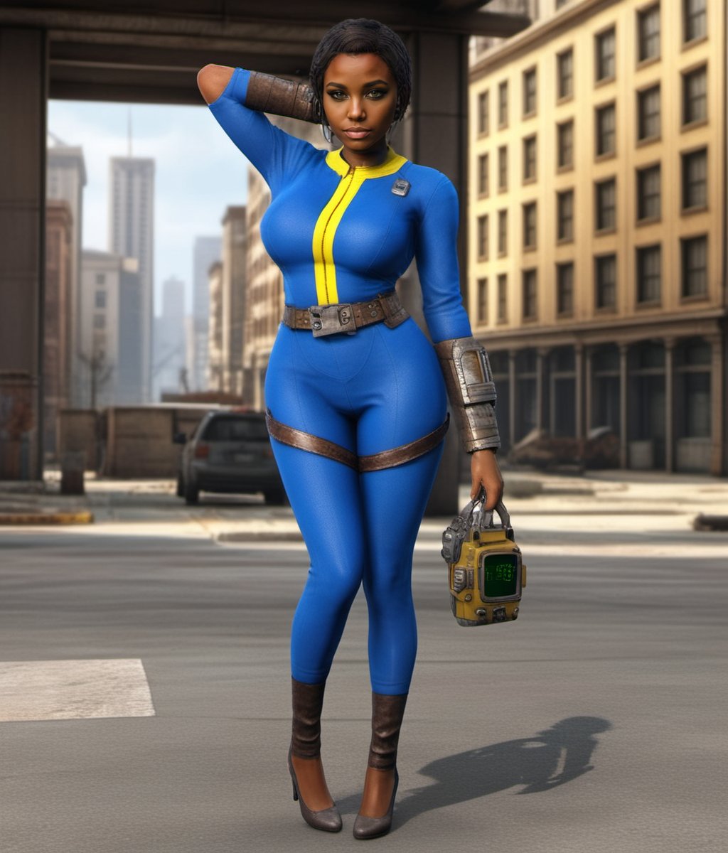 Dystopian style a cute black woman wears a blue and yellow outfit, a computer wrist, a belt, in a city <lora:Fallout-V2-1024-120:0.8> . Bleak, post-apocalyptic, somber, dramatic, highly detailed