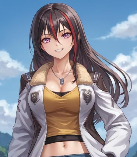 score_9, score_8_up, score_7_up,1girl, solo,<lora:EmiliaHarling:0.9>, Emilia Harling, black hair, streaked hair, red hair, long hair, hair between eyes, purple eyes, large breasts, white jacket, fur-trimmed jacket, long sleeves, dog tags, cleavage, yellow shirt, midriff, navel, jeans, white boots,upper body, portrait, looking at viewer, happy, smile,outdoors, clouds, <lora:LDART_style_pony_v3:0.7>,, <lora:Racoonkun_Artist_Style:0.4>, racoonsan,,