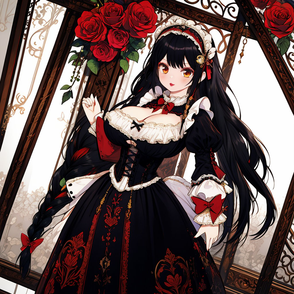 busty and sexy girl, 8k, masterpiece, ultra-realistic, best quality, high resolution, high definition, Lolita, maid, Victorian fashion, Rococo fashion, black corset with red ribbon lacing, White lace details on the sleeves, Puffed sleeves, headpiece adorned with flowers, ornate flower frame background, historical vibe, historical fashion with fantasy elements,lolita, single braid, lipstick, huge breast, cleavage cutout,butterfly hair ornament,multicolored hair,beauty,solo,1 girl, full body, standing<lora:EMS-422899-EMS:0.400000>, <lora:EMS-459843-EMS:0.800000>