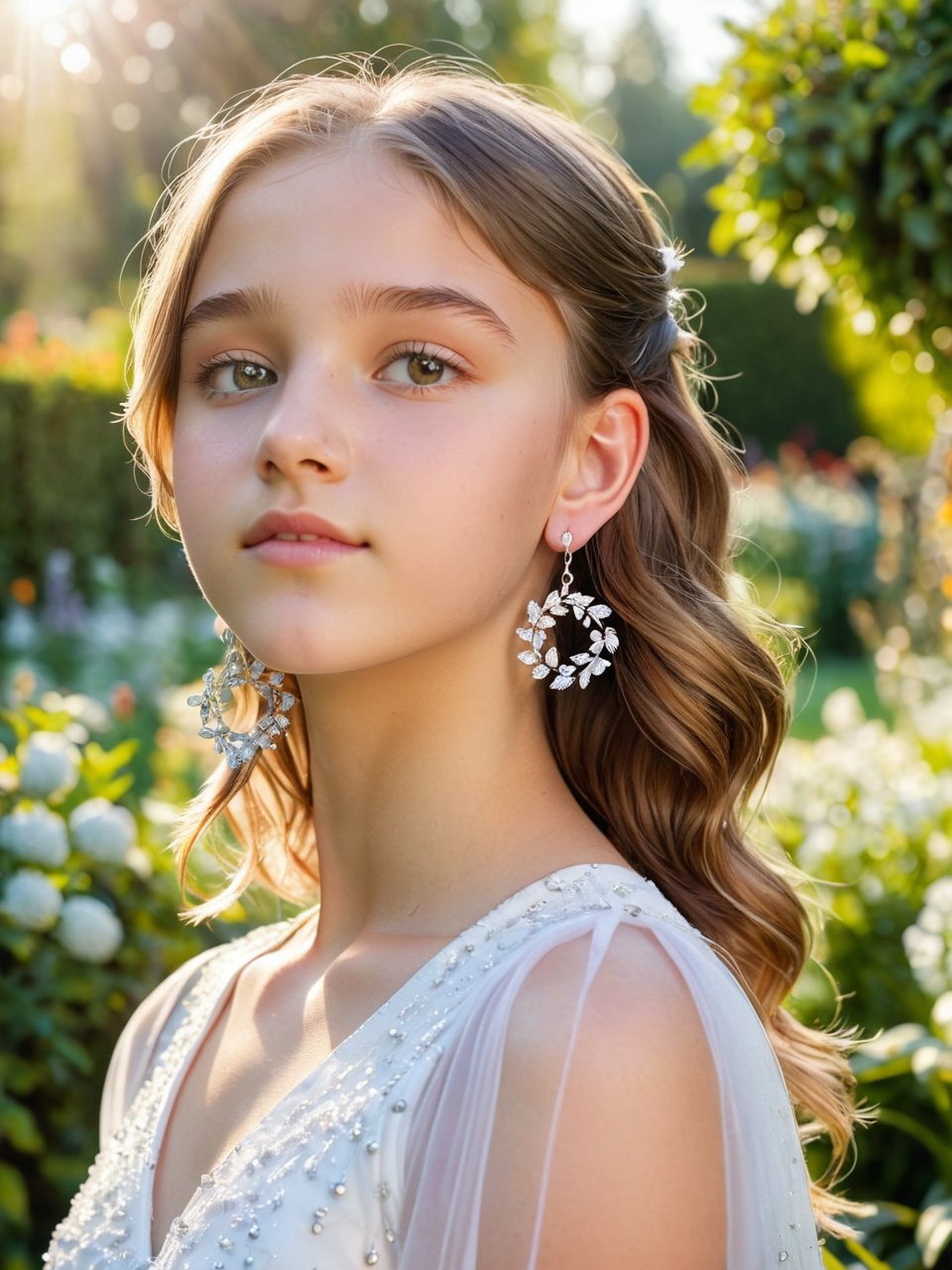 A closeup shot of a beautiful teenage girl in a white dress wearing small silver earrings in the garden, under the soft morning light