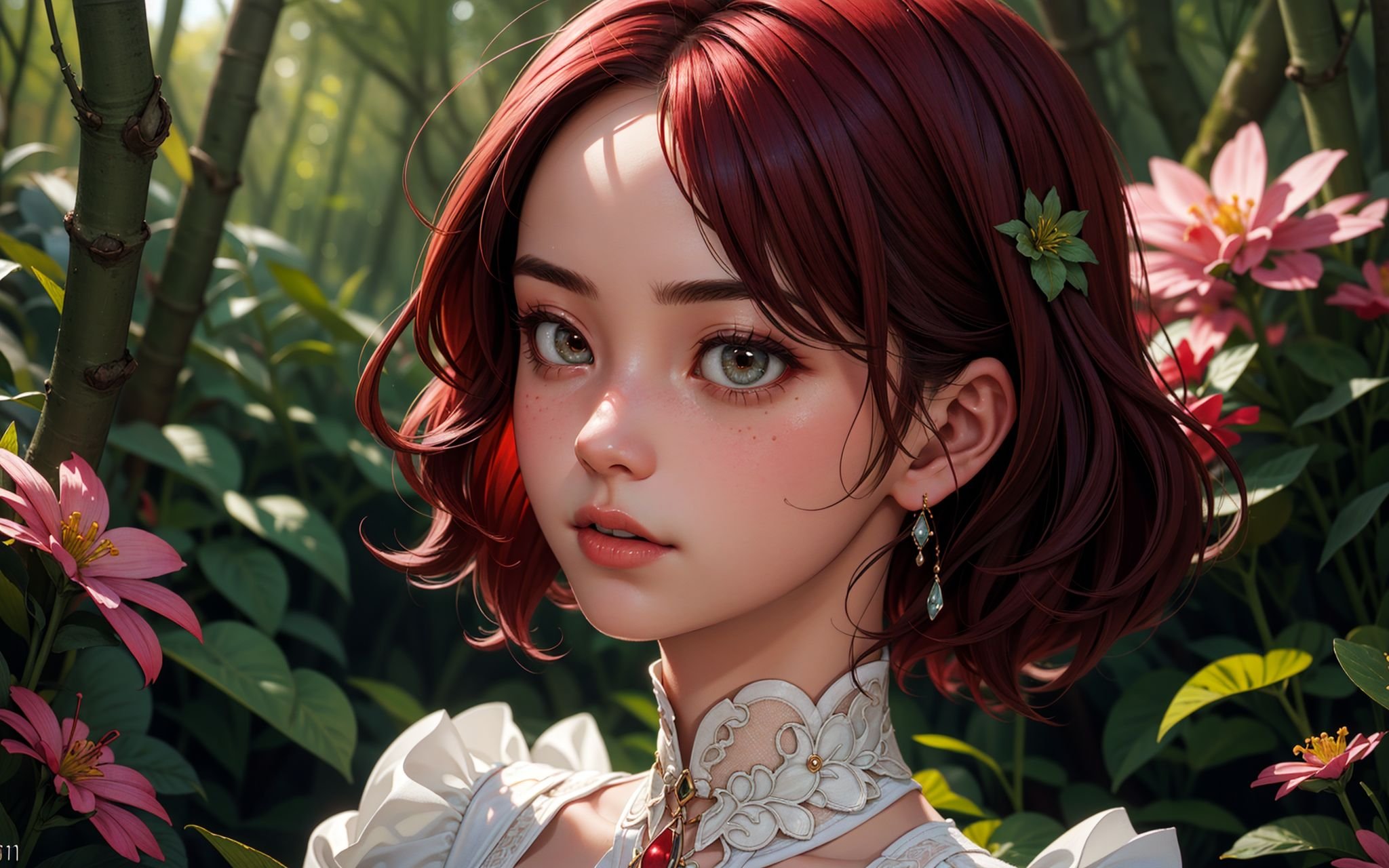 cute woman, (elegant, beautiful face), transparent white dress, forest moss, flowers feld, curly red hair, magical atmosphere, (short hair), ((detailed skin, skin texture)), ultradetailed (intricately detailed, fine details, hyperdetailed), raytracing, subsurface scattering, (fantasy underworld on background), diffused soft lighting, shallow depth of field, by (Oliver Wetter), sharp focus bokeh, (realistic photo quality:1.4)