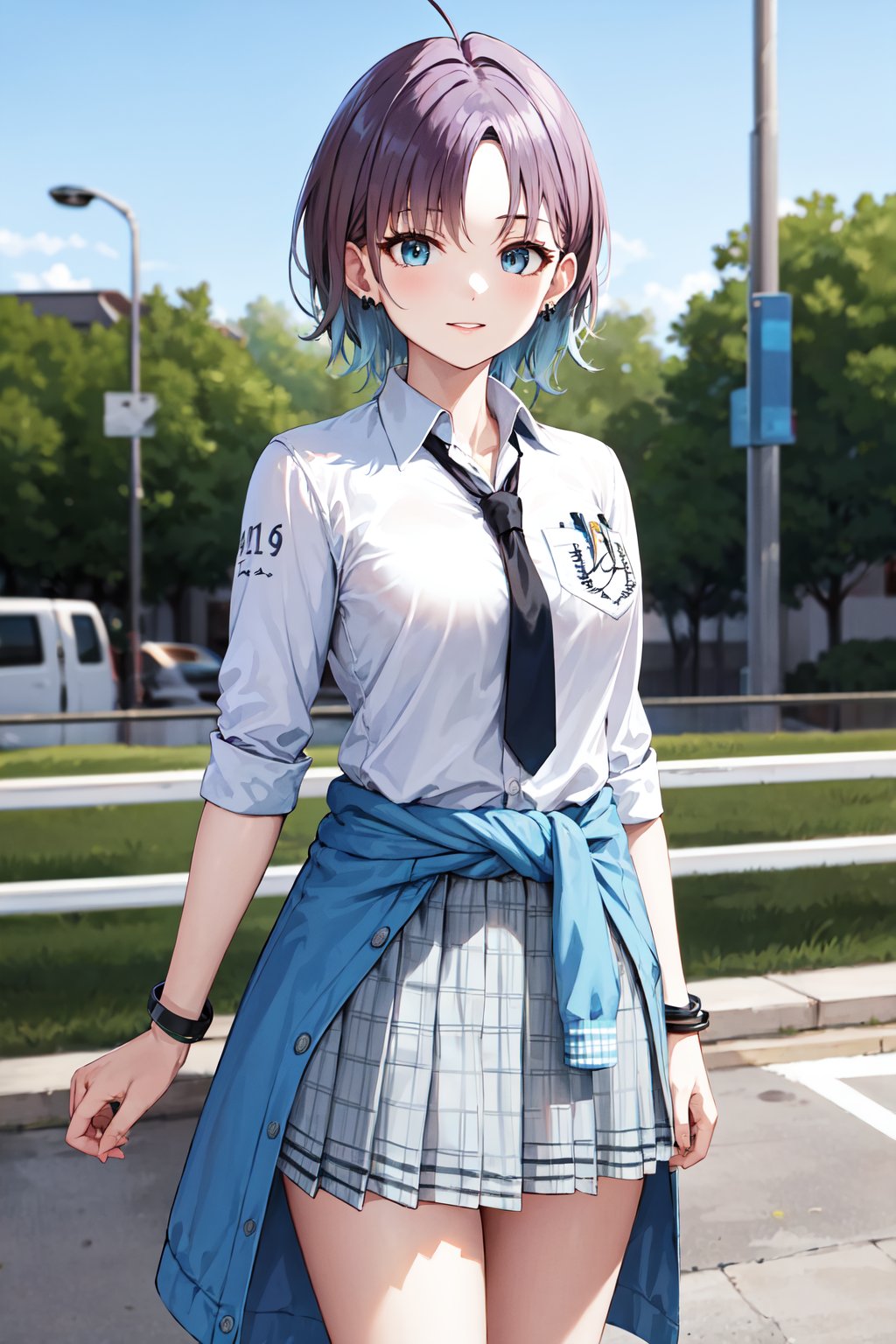 masterpiece, best quality, highres, aatoru, short hair, gradient hair, ahoge, earrings, school uniform, black necktie, collared shirt, white shirt, sleeves rolled up, breast pocket, bracelet, wristband, clothes around waist, plaid skirt, grey skirt, <lora:asakura_toru_v1:0.7>, standing, cowboy shot, outdoors