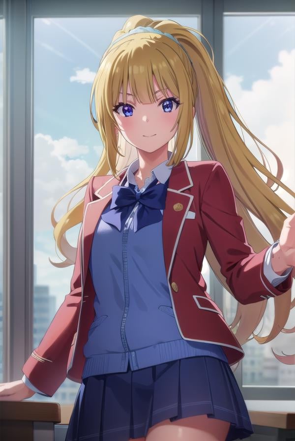 keikaruizawa, <lora:kei karuizawa s2-lora-nochekaiser:1>, kei karuizawa, long hair, bangs, blunt bangs, (purple eyes:1.1), blonde hair, shirt, hair ornament, ponytail, scrunchie, blue scrunchie, smile,BREAK skirt, shirt, bow, school uniform, jacket, (red jacket:1.2), pleated skirt, bowtie, sweater, (blue bow:1.2), (blue shirt:1.2),BREAK indoors, classroom,BREAK looking at viewer, (cowboy shot:1.5),BREAK <lyco:GoodHands-beta2:1>, (masterpiece:1.2), best quality, high resolution, unity 8k wallpaper, (illustration:0.8), (beautiful detailed eyes:1.6), extremely detailed face, perfect lighting, extremely detailed CG, (perfect hands, perfect anatomy),