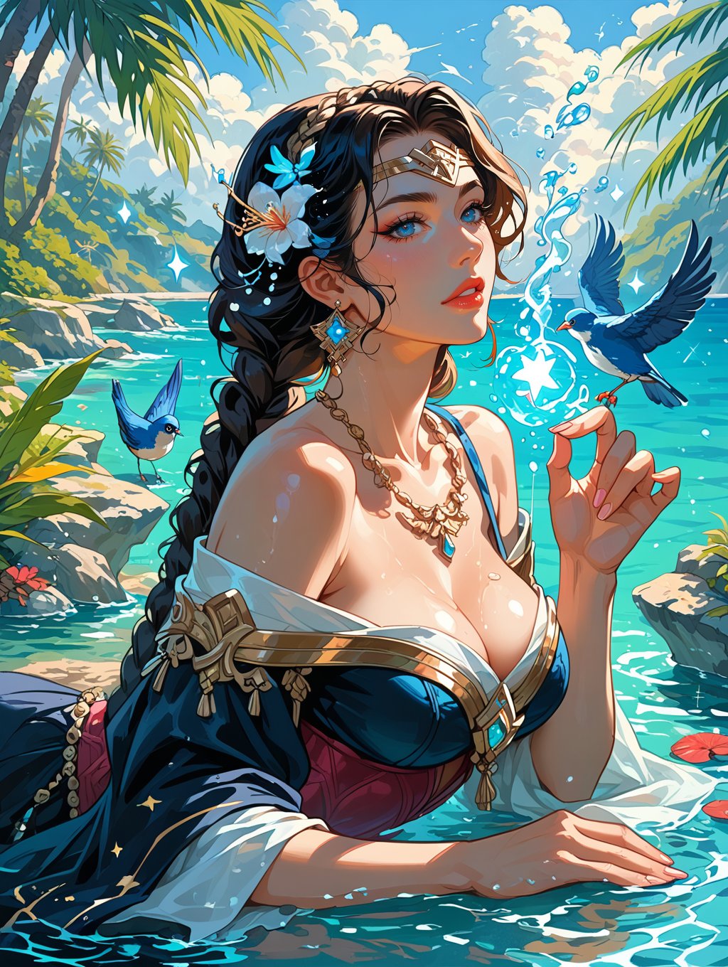 score_9, score_8_up, score_7_up,rating_explicit,This is a digital illustration in a vibrant, ethereal style, featuring a sexy woman in a serene water scene. The woman has light skin, long, braided hair, and is dressed in a flowing, off-the-shoulder black garment adorned with sparkling stars, giving it a celestial feel. She is holding out her hand, palm up, towards a luminous blue bird perched delicately on her hand. The bird's wings are spread wide, adding a sense of grace and tranquility to the scene. The background is a deep, rich blue, transitioning to lighter shades as it nears the horizon, where the sky meets the water. The water itself is a mix of blues and purples, with sparkling, glowing elements that resemble stars or tiny lights. Several more birds, also in shades of blue, are scattered throughout the sky, adding to the sense of peace and magic. The overall mood is one of serenity and wonder, with the woman's expression reflecting a calm, almost meditative state. The image is rich in detail, from the intricate braids in the woman's hair to the delicate feathers of the birds, creating a captivating and enchanting magic world.