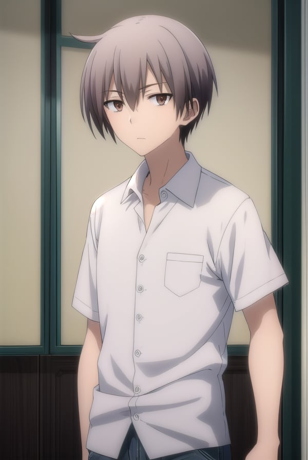 ayumuaikawa, <lora:ayumu aikawa s2-lora-nochekaiser:1>,ayumu aikawa, short hair, grey hair, (brown eyes:1.3), male focus,BREAK short hair, shirt, white shirt, collared shirt, pants,BREAK indoors, classroom,BREAK looking at viewer, (cowboy shot:1.5),BREAK <lyco:GoodHands-beta2:1>, (masterpiece:1.2), best quality, high resolution, unity 8k wallpaper, (illustration:0.8), (beautiful detailed eyes:1.6), extremely detailed face, perfect lighting, extremely detailed CG, (perfect hands, perfect anatomy),