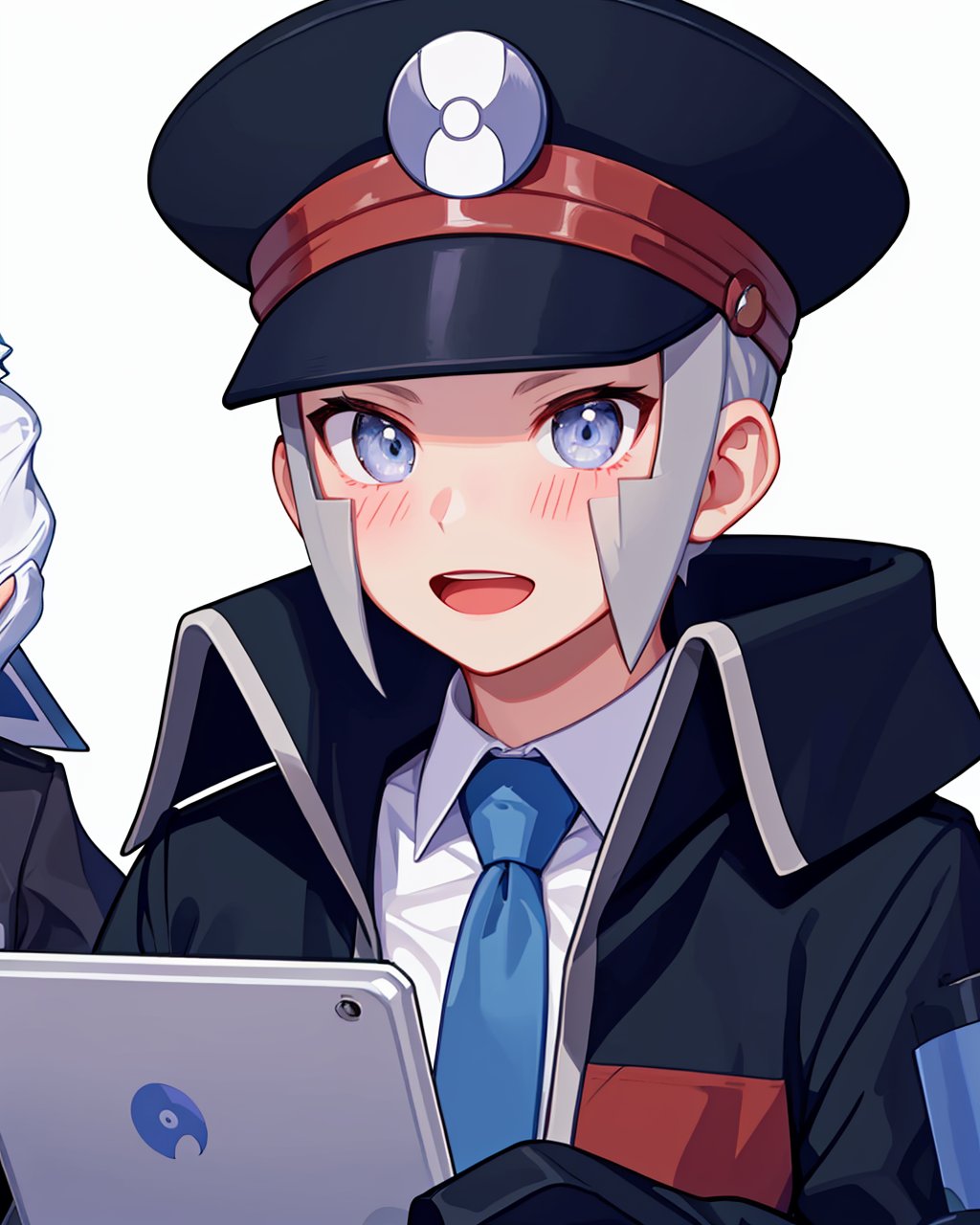 masterpiece,best quality, highly detailed, ingo (pokemon),pokemon (creature), 1boy, black coat, male focus, peaked cap, holding, black headwear, high collar, white background, white shirt, collared shirt, trench coat, ^^^, white gloves, simple background, long sleeves, blue necktie, long sideburns, open mouth, upper body, dress shirt, blush stickers,<lora:ingo_(pokemon):1>