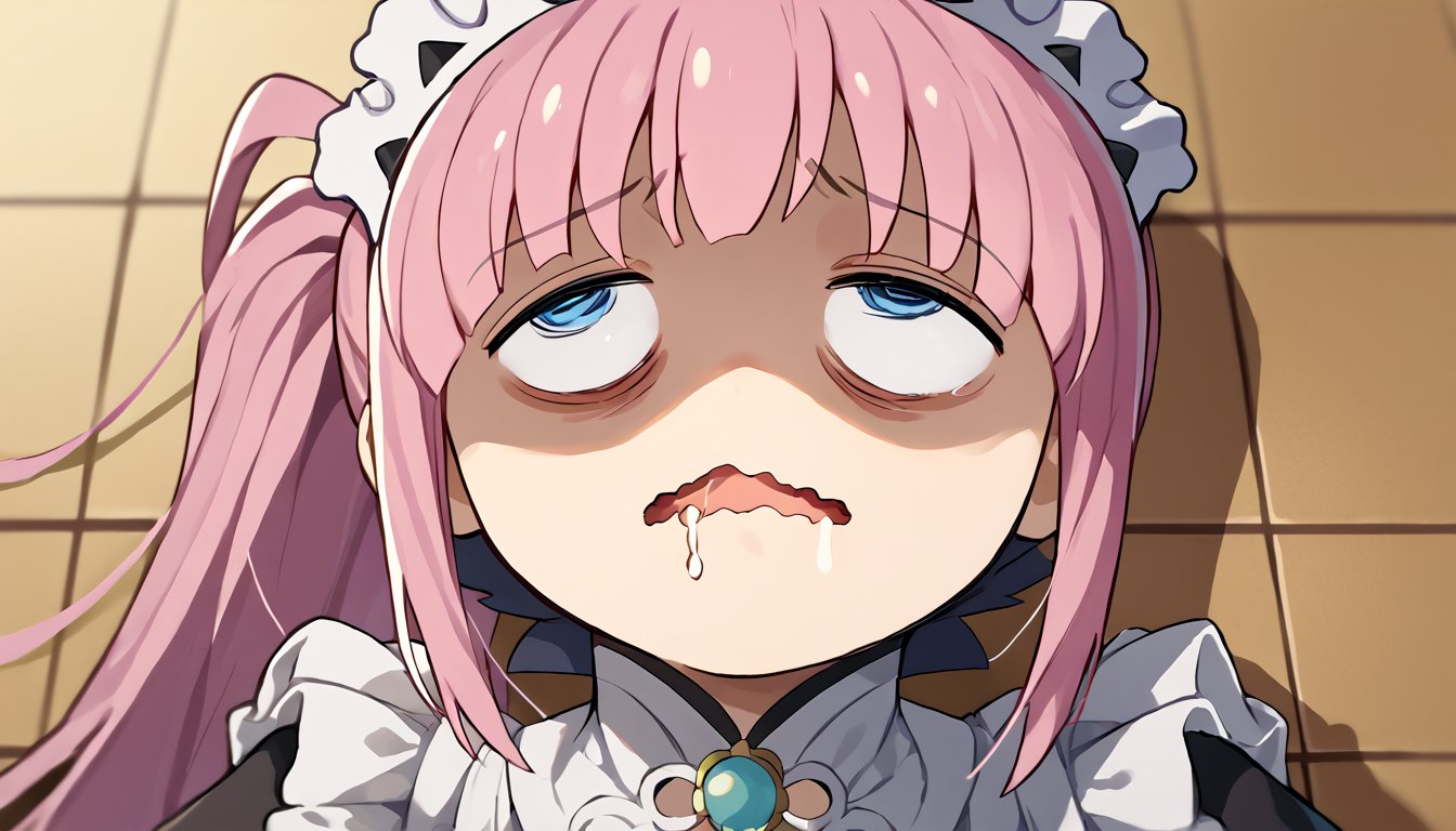 score_9, score_8_up, score_7_up, source_anime, portrait, solo, 1girl, feliciadef, pink hair, ponytail, blue eyes, maid headdress, brooch, bocchianxiety, wavy mouth, mouth drool, rolling eyes, on floor <lora:meme_bocchianxiety_ponyXL-000014:1> <lora:felicia-fe-richy-v1_xl:1>