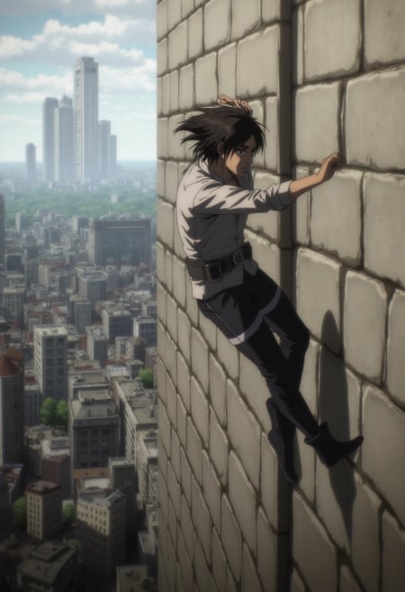 A dynamic scene of Eren Yeager scaling a tall wall using his omnidirectional gear. His dark hair blows behind him as he ascends, determination etched on his face. Below, the chaotic environment of the city unfolds, with the looming threat of Titans, illustrating the urgency of the situation.