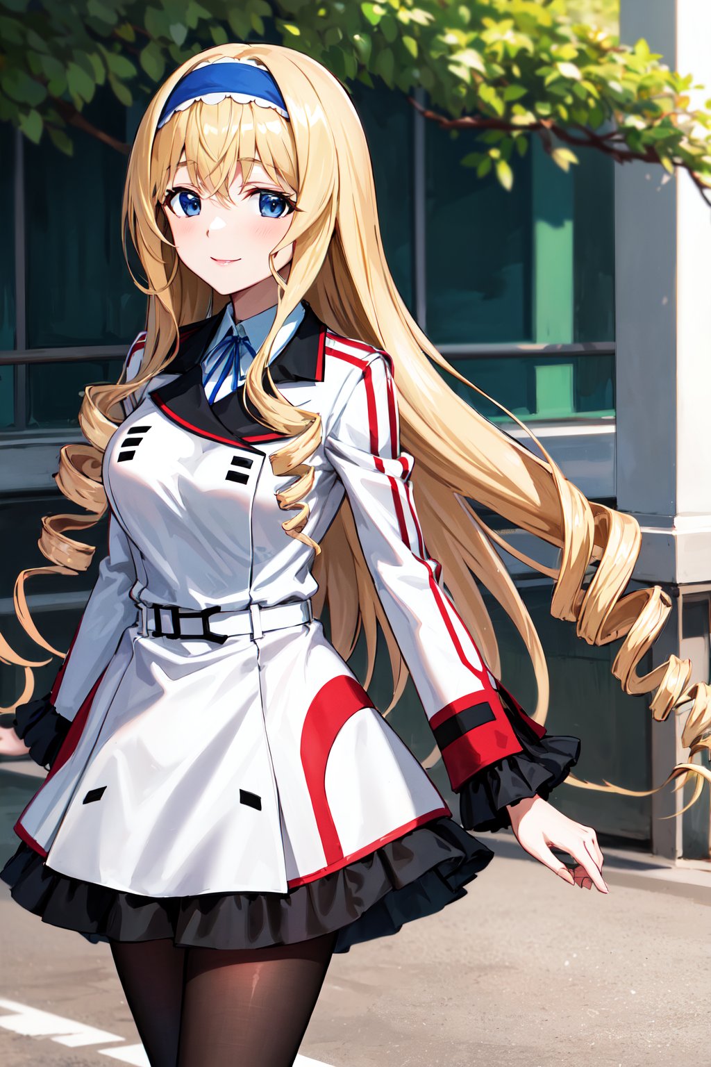 masterpiece, best quality, highres,  aacecilia, very long hair, curly hair, drill hair, blue hairband, school uniform, white jacket, white dress, long sleeves, belt, black pantyhose, <lora:cecilia_alcott_v1:0.7>, standing, cowboy shot, outdoors, smile