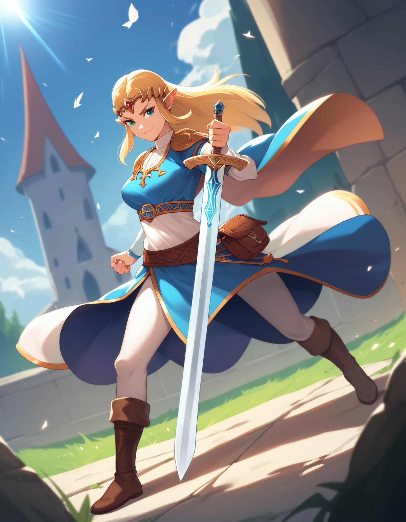 score_9, score_8_up, score_7_up, score_6_up, score_5_up, score_4_up, source_anime,1girl, solo, princess zelda, sword, smirk, stance, castle