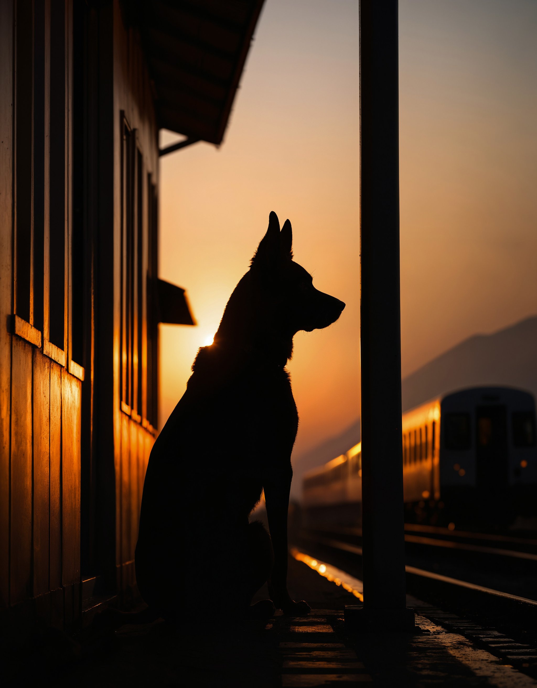 zavy-slhtt, silhouette of a dog sitting by a trainstation during sunrise, 100mm f/2.8 macro lens,