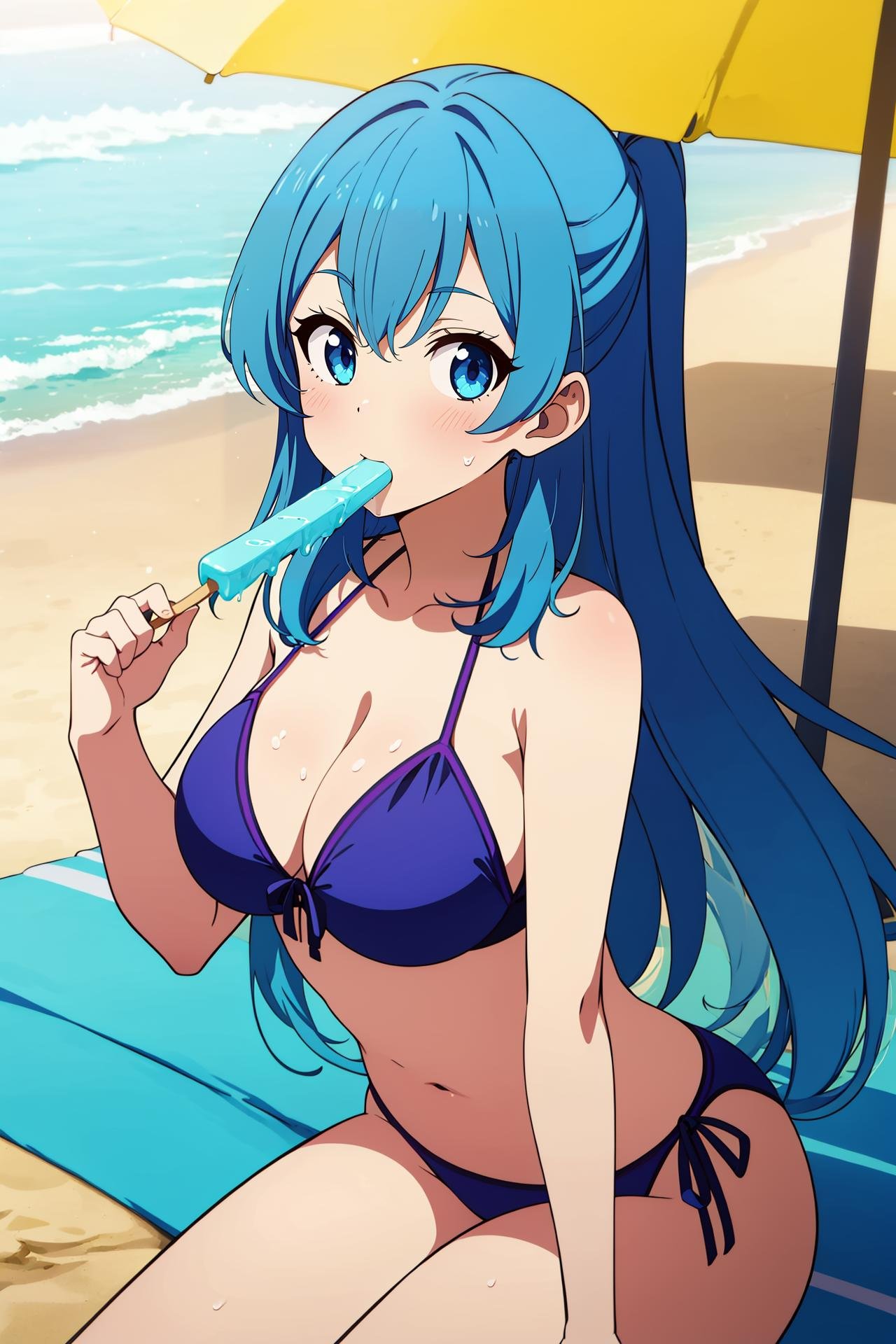 1girl,blue_hair,bikini,ice cream, eating,popsicle, beach,outdoors, breasts,cleavage, looking at viewer, , anime_coloring,anime_keyvisual, colorful,vivid<lora:envybetterhandsLocon_beta2:1>