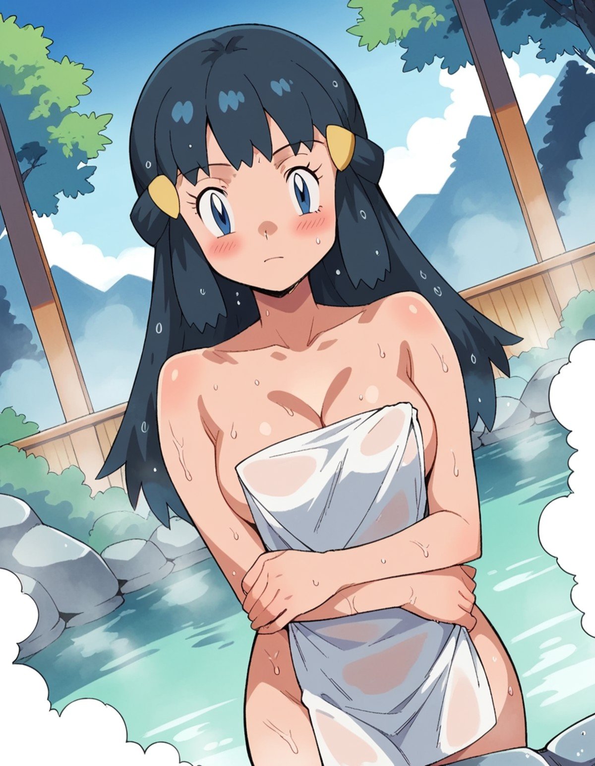 score_9, score_8_up, score_7_up, source_anime, pokemondawn, <lora:pokemon-dawn-anime-ponyxl-lora-nochekaiser:1>, pokemon dawn, black hair, blue eyes, sidelocks, long hair,, nude, naked, outdoors, onsen, towel, naked towel, steam, bathing, nude cover, partially submerged, water, bath, steam censor, wet towel, blush, looking at viewer, solo, cowboy shot, dutch angle