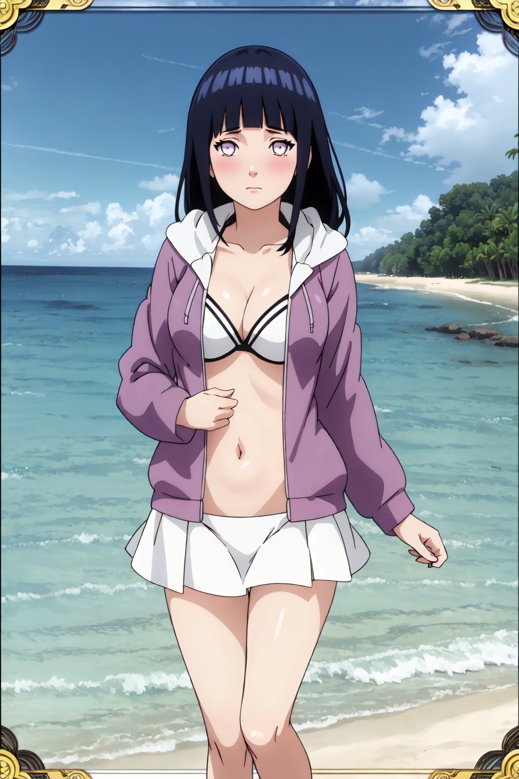 HinataHyuga, 4k, absurd, high resolution, very high resolution, high definition, masterpiece, looking at viewer, blush, skirt, big breasts, black hair, navel, cleavage, medium breasts, collarbone, jacket, swimsuit, bikini, outdoors, open clothing, day, hoodie, ocean, white bikini, beach, skirt bikini, white eyes<lora:EMS-396615-EMS:0.800000>