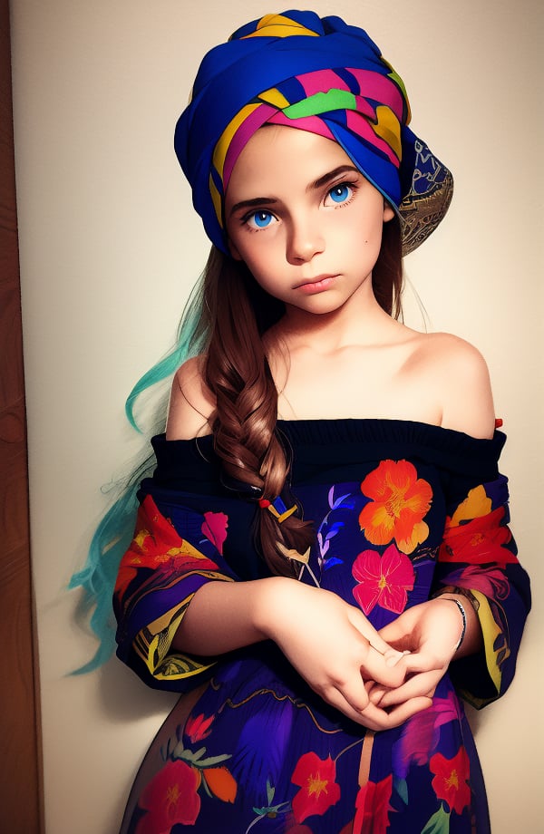 photorealistic, upper body, stand, 1girl 17 year-old, thick eyebrows (Turbant:1.2), super detailed skin texture, looking at viewer, black hair, off shoulder floral dress bright and very colorful, silver blue,  photo studio, dark simple blurred background, perfectly illumination,<lora:detail_slider_v4:1> <lora:epiCFlashPhoto_Lora:1> <lora:InstantPhotoX3:0.3> <lora:Turbant:1> <lora:NightphotoV1-0:0.3>