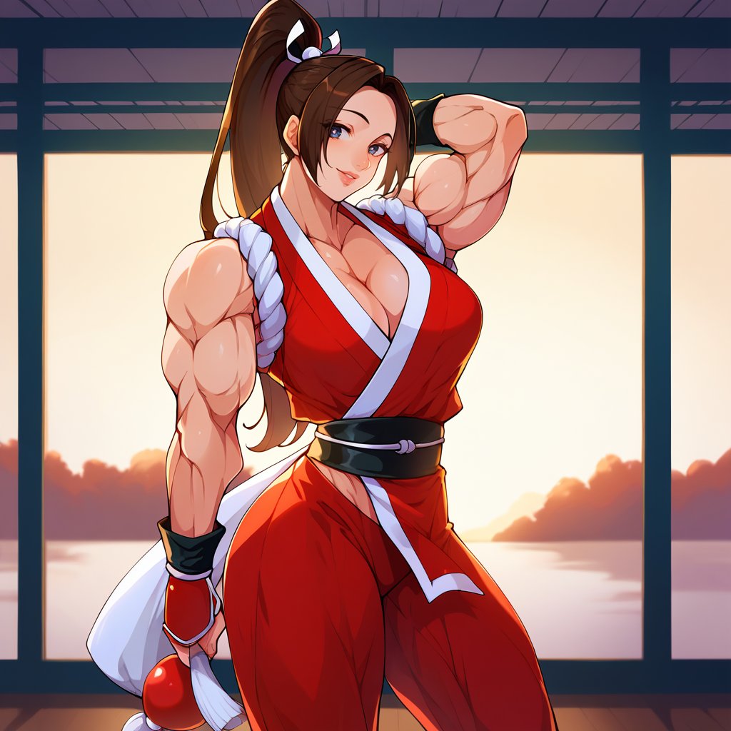 score_9, score_8_up, score_7_up, score_6_up, score_5_up, score_4_up BREAK dvmg, shiranui mai, the king of fighters, 1girl, solo, muscular, satisfied, (white pupils:0.9), looking at viewer, cowboy shot, indoors, summer, sunrise, <lora:devmgfPDXLv0.91tx1-000005:0.95>