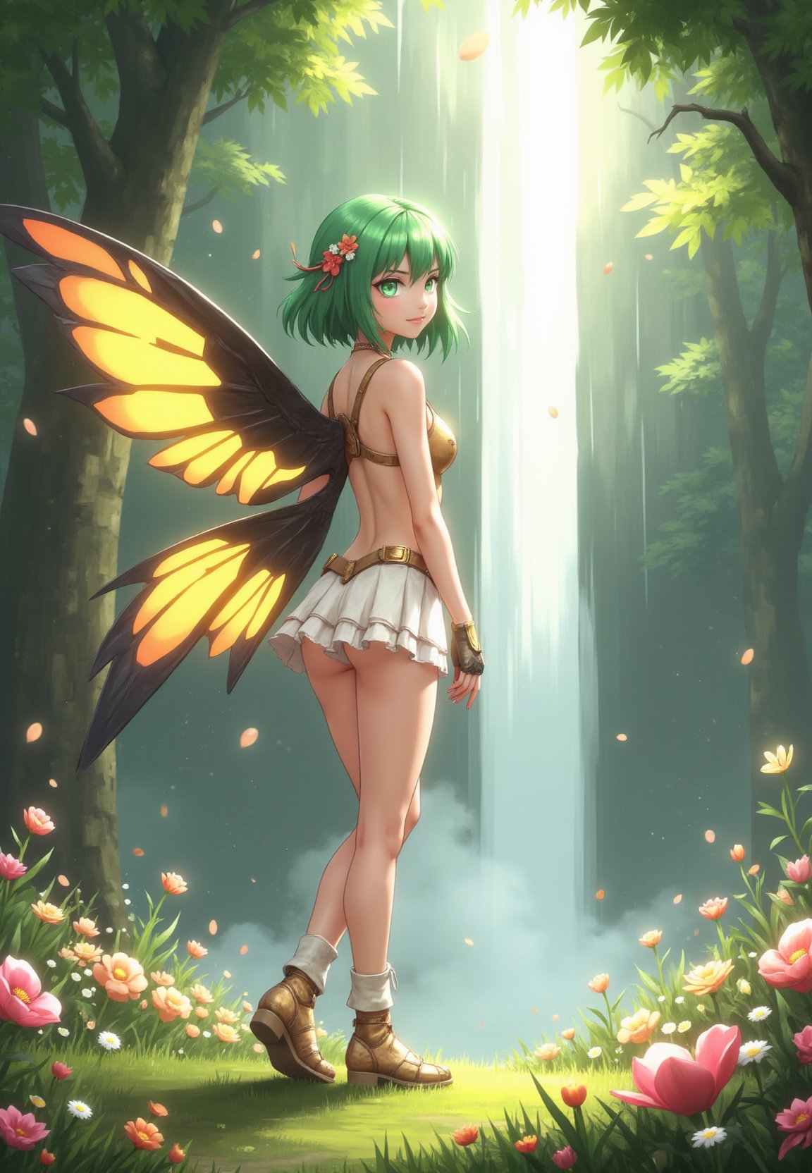 anime style picture,"manga style image: A airy fantasy angel-winged scandinavian woman with vibrant green hair styled in a bob cut, adorned with delicate flowers. Her large, colorful wings display shades of yellow, orange, and black, resembling those of a fairy wings. She wears a frilly, white and gold outfit that highlights her slender figure, with matching gloves and sandals. Her expressive eyes and graceful pose exude a sense of ethereal beauty. red nails, looked back,Background: Enchanted meadow filled with blooming wildflowers of various colors, with soft sunlight filtering through the trees. The air is filled with floating, glowing particles, giving the scene a magical, serene atmosphere. A gentle breeze causes the flowers and grass to sway, adding to the tranquil setting." waterfall in the background