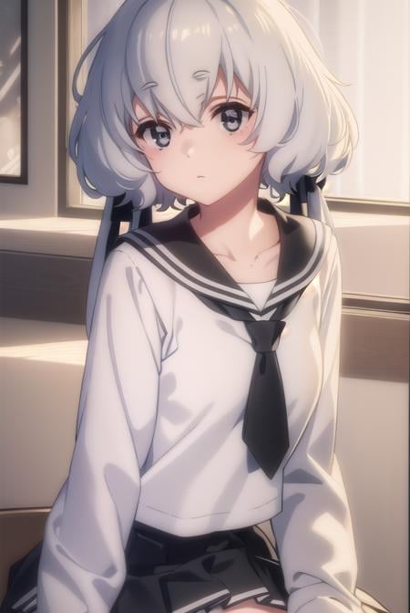 junkokonno, <lora:junko konno s2-lora-nochekaiser:1>,junko konno, low twintails, (black eyes:1.5), twintails, white hair,BREAK sailor dress, serafuku, skirt, school uniform, white necktie, necktie, long sleeves,BREAK looking at viewer, full body,BREAK indoors, classroom,BREAK <lyco:GoodHands-beta2:1>, (masterpiece:1.2), best quality, high resolution, unity 8k wallpaper, (illustration:0.8), (beautiful detailed eyes:1.6), extremely detailed face, perfect lighting, extremely detailed CG, (perfect hands, perfect anatomy),