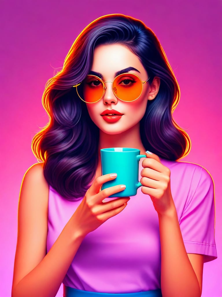 high quality illustration of a cocky confident stunningly beautiful woman, holding coffee mug in hand, perfect skin, vibrant neon colors, cool sunglasses, silhouette, illustration, looking at viewer, lofi,<lora:finger_test:0.9> Perfect finger, hand,   <lora:Hyper-SDXL-8steps-lora:1>