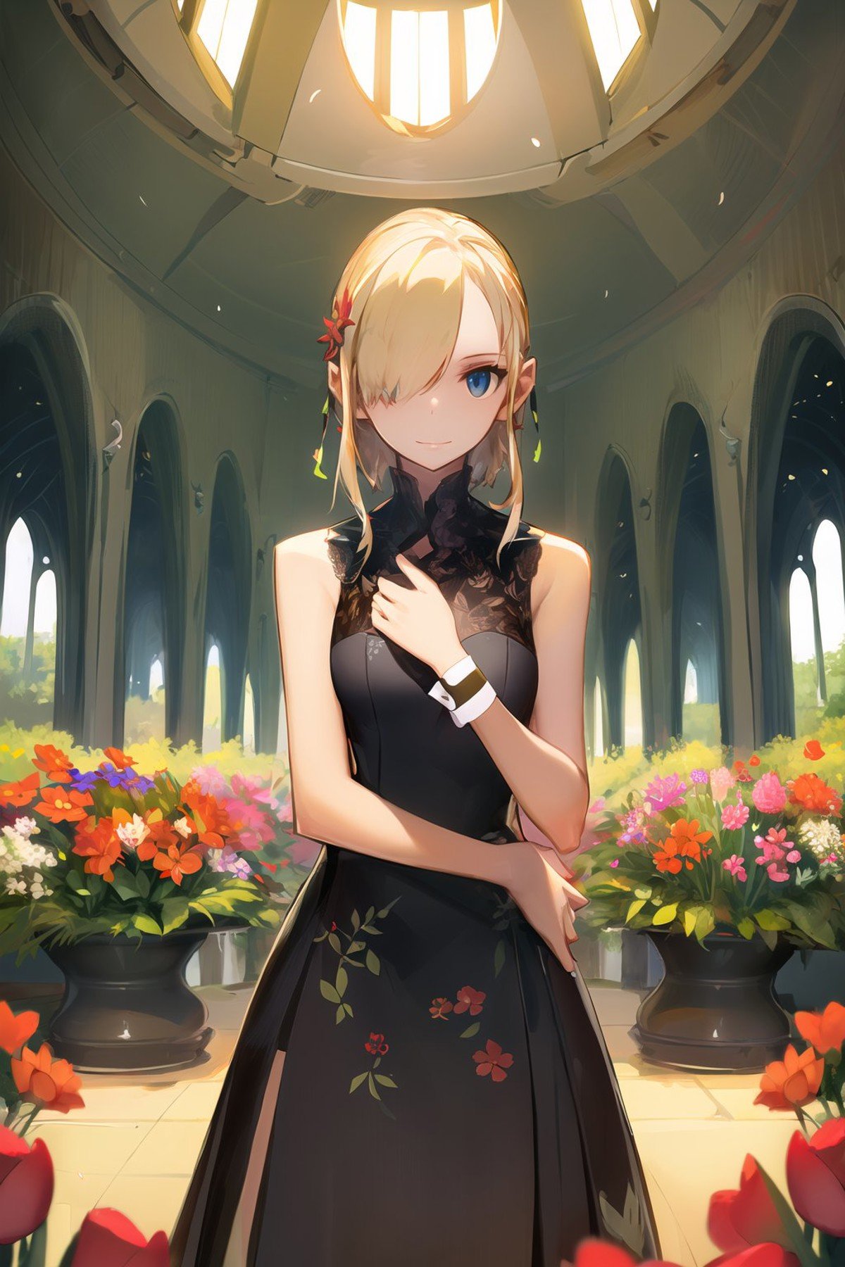 (masterpiece, best quality:1.2), <lora:style_panamaman-20:1>, (thick outlines, cinematic lighting:1.2), solo, 1girl, slight smile, closed mouth, blonde hair, hair over one eye, hair flower, hair ornament, grey eyes, sleeveless dress, landscape scenery, arch, flowers, tulips