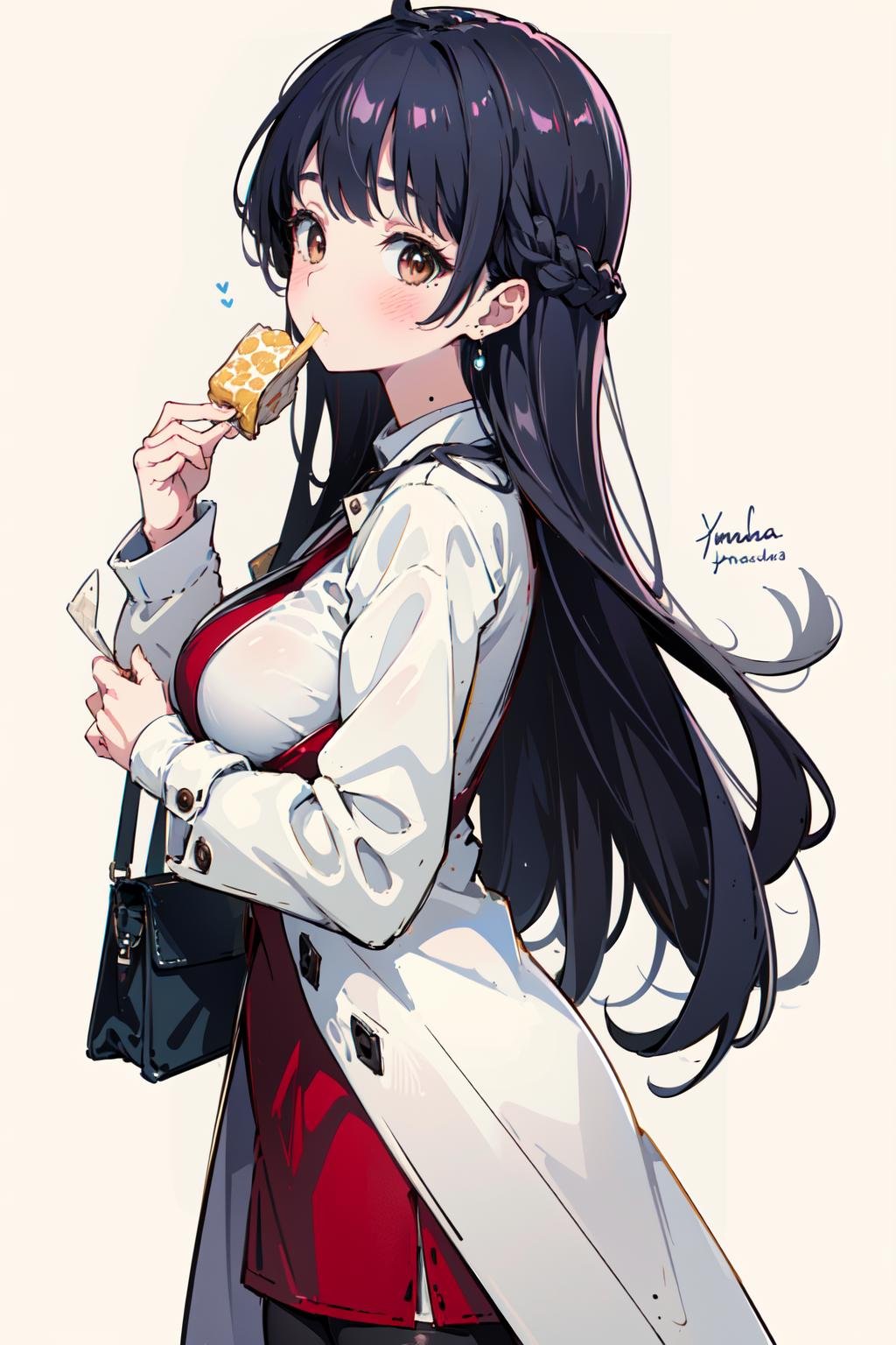 (masterpiece:1.2),best quality,PIXIV,Anna yamada, 1girl, solo, pantyhose, long hair, food, breasts, dress, black hair, mole, jewelry, earrings, large breasts, black pantyhose, white background, blush, red dress, looking at viewer, bag, simple background, braid, signature, eating, handbag, bangs, holding, long sleeves, brown eyes, holding food, food on face, shirt, white shirt, closed mouth, artist name, mole under mouth, from side, :t, cowboy shot, coat<lora:Anna yamada-000016:0.8>,