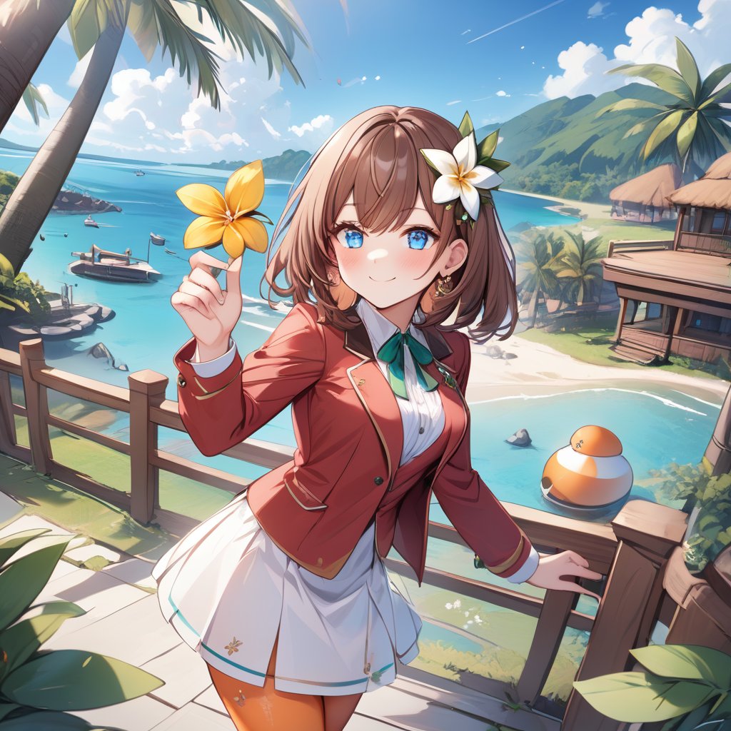 Hana_Macchia, brown hair, hair ornament, white flower, blue eyes, hair flower, green ribbon, white skirt, red jacket, orange tights, medium hair, smile,Tropical Island, standing<lora:EMS-373524-EMS:0.800000>, <lora:EMS-345009-EMS:0.500000>