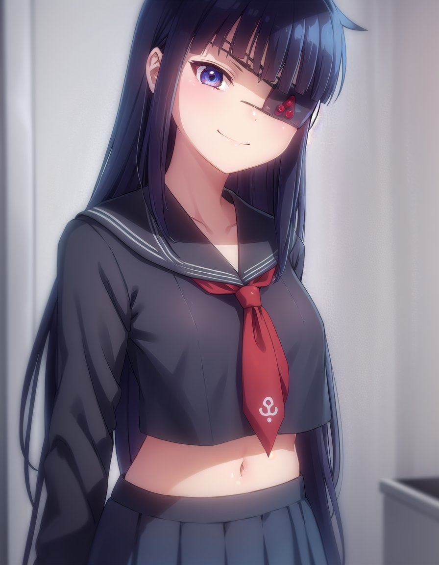 skmirai, <lora:sk mirai s1-lora-nochekaiser:1>,mirai, long hair, black hair, (red eyes:1.3), (eyepatch:1.5), bangs, blunt bangs,BREAK skirt, shirt, long sleeves, navel, school uniform, pantyhose, pleated skirt, necktie, serafuku, midriff, black skirt, sailor collar, black shirt, black sailor collar, (black serafuku:1.2),BREAK indoors, classroom,BREAK looking at viewer, (cowboy shot:1.5), smile,BREAK <lyco:GoodHands-beta2:1>, (masterpiece:1.2), best quality, high resolution, unity 8k wallpaper, (illustration:0.8), (beautiful detailed eyes:1.6), extremely detailed face, perfect lighting, extremely detailed CG, (perfect hands, perfect anatomy),