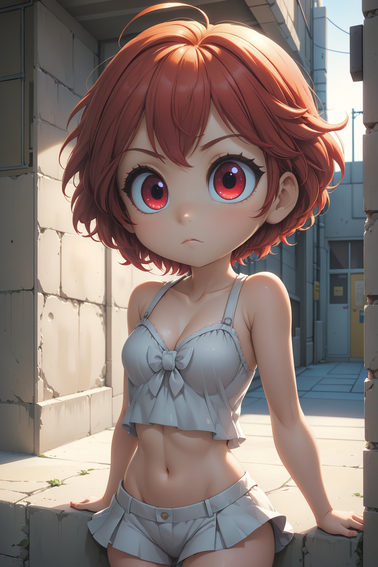 1 beautiful girl, details red eyes, short red hair, cool pose, concrete wall, slim body, small breasts, rays of sunshine, photorealisim, cinematic, (masterpiece:1.2), (best quality:1.2), newest, ai-generated, ultra-detailed, best shadow, detailed background, high contrast, (best illumination, an extremely delicate and beautiful), ((cinematic light)), hyper detail, dramatic light, intricate details, 8k, anime, very aesthetic, vibrant color,(masterpiece:1.2), (best quality:1.2), newest, ai-generated, ultra-detailed, best shadow, detailed background, high contrast, (best illumination, an extremely delicate and beautiful), ((cinematic light)), hyper detail, dramatic light, intricate details, 8k, anime, very aesthetic,